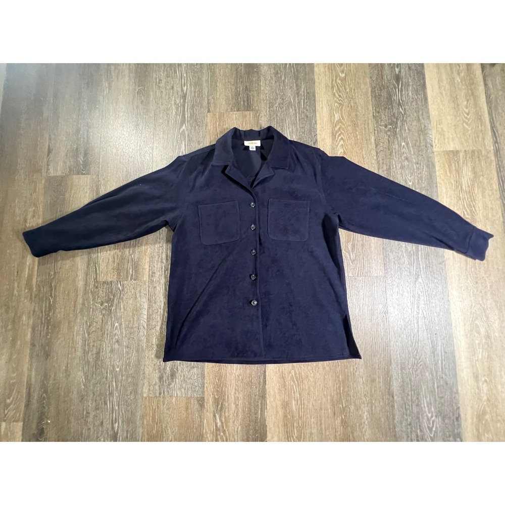 Talbots Button Down Shirt Womens S Petite Navy Blue Faux Suede Long Sleeve Top